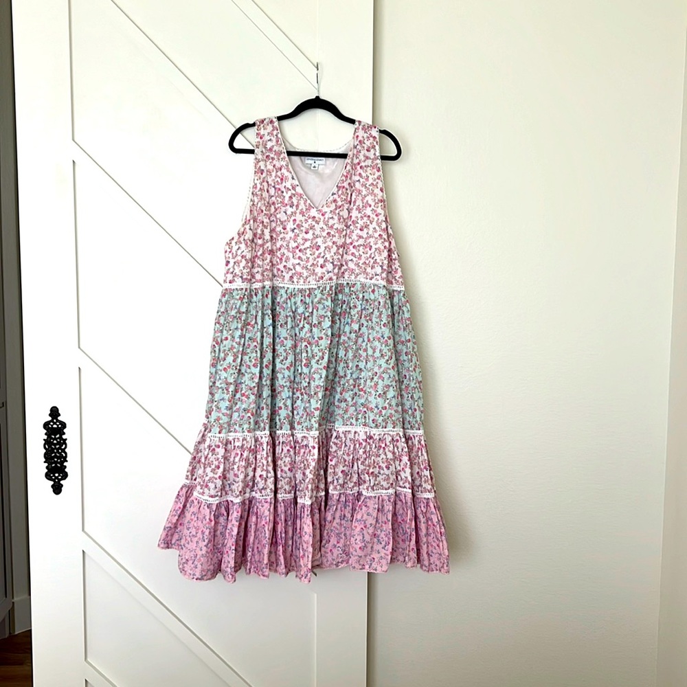 LoveShackFancy Pink and Green Floral Midi Dress